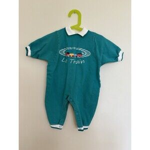 VTG 90's Baby Dior Teal Embroidered Le Train Romper One Piece Size 18-20 Pounds